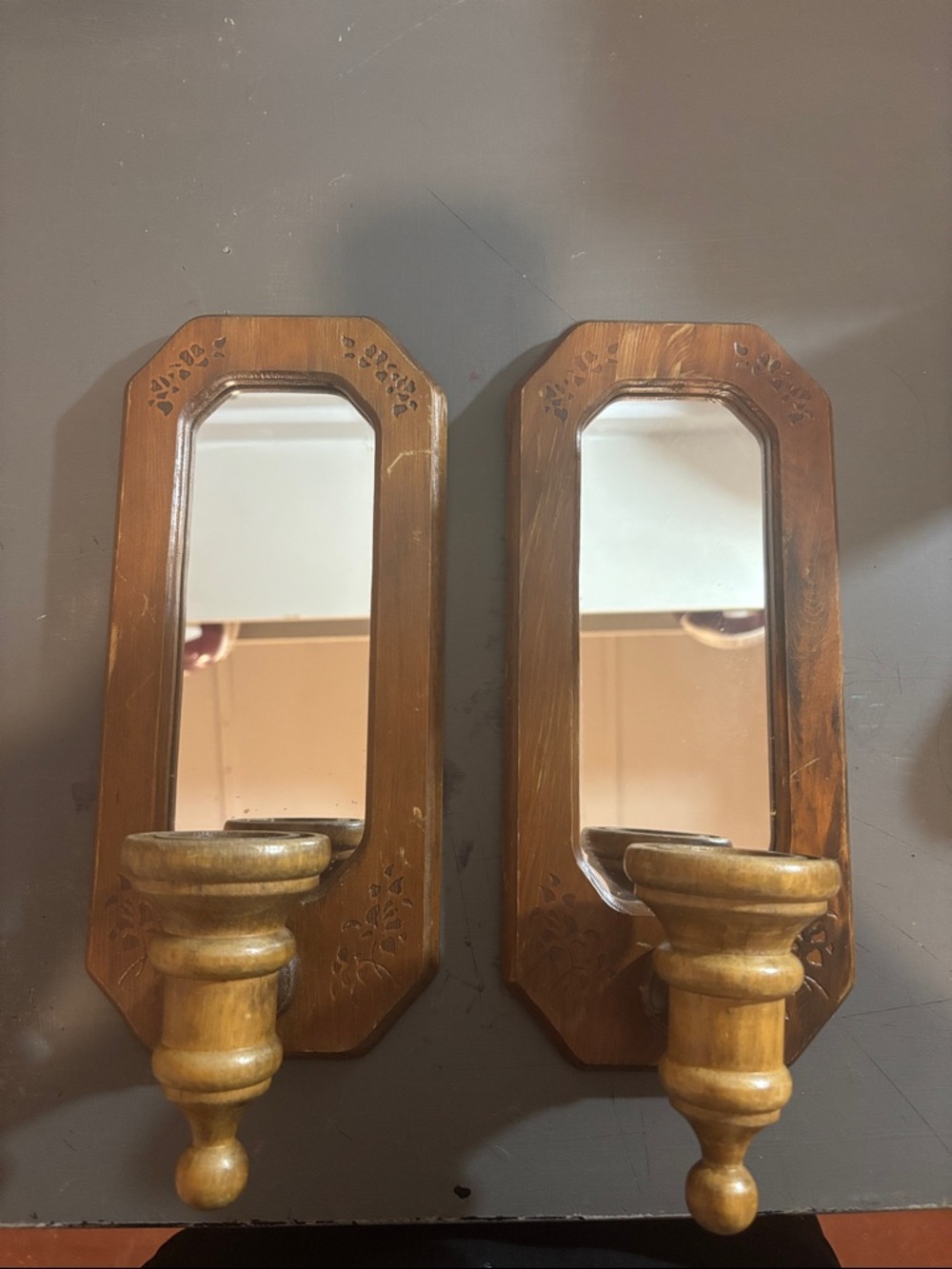 Set of Two Brown Wooden Wall Mirrors with Candle Holders